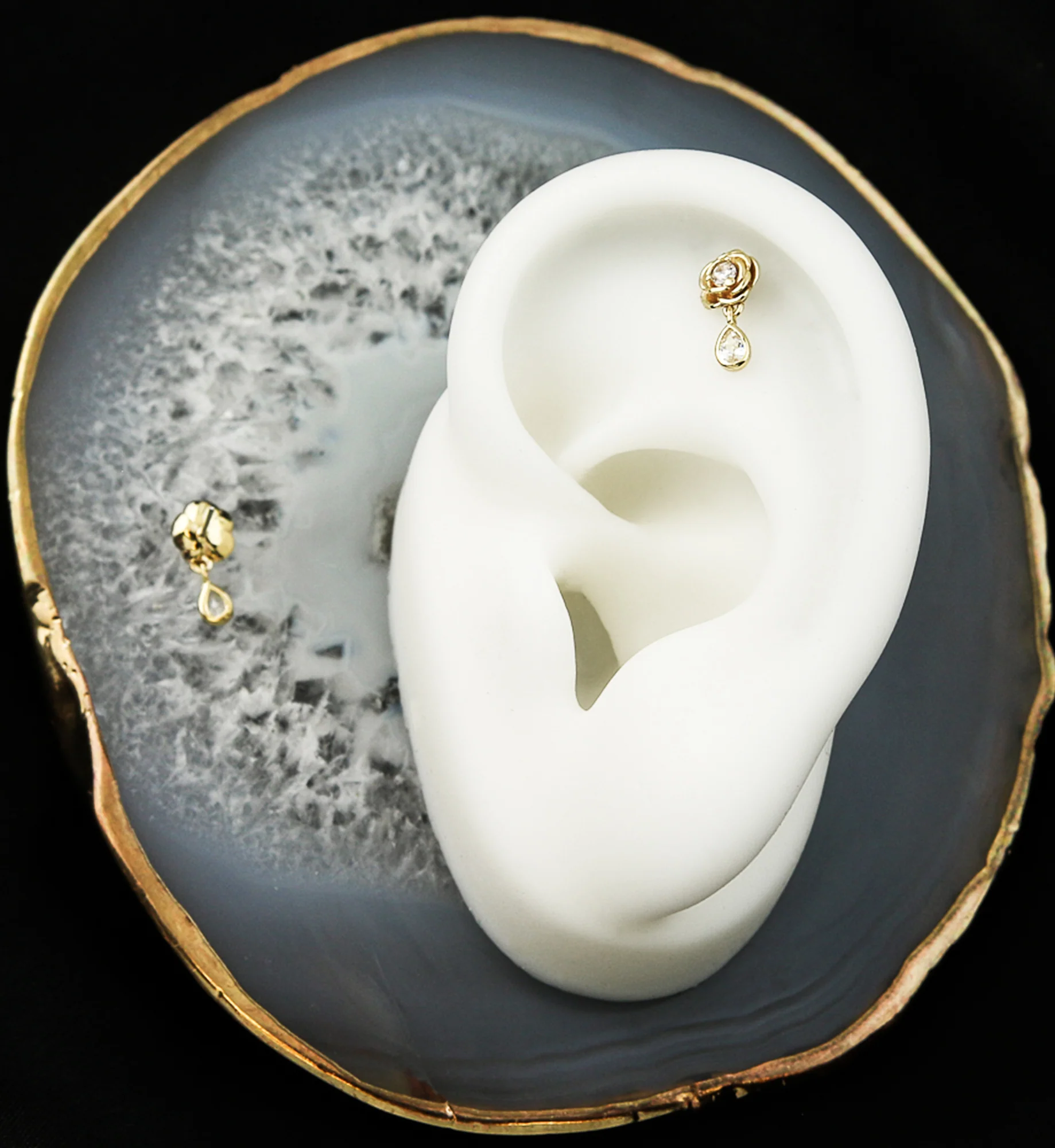 14kt Gold Rose Dangle Teardrop Clear CZ Threadless Top - Image 2