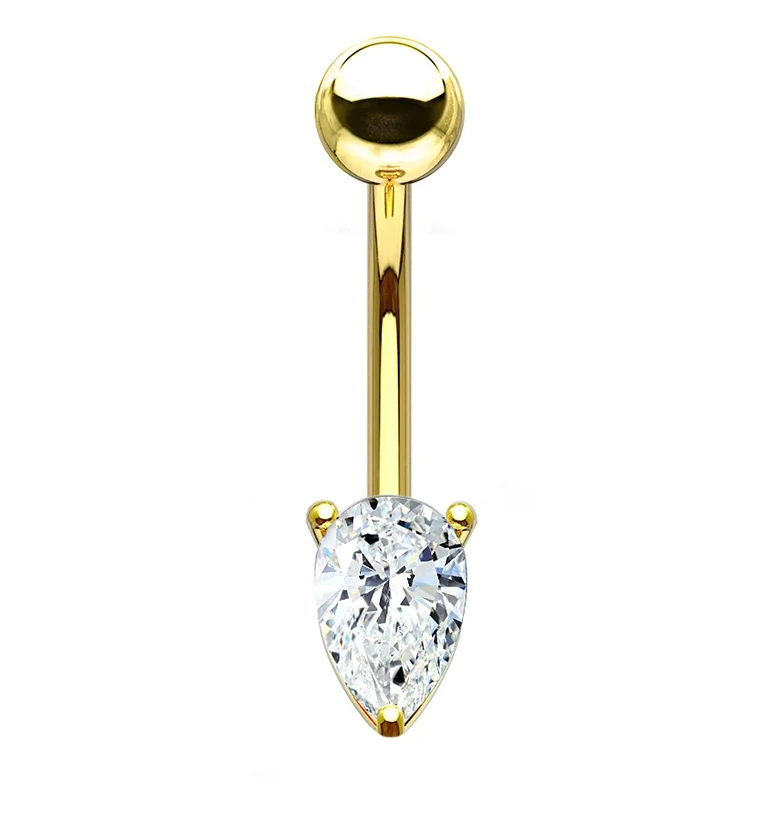 14kt Gold Teardrop CZ Belly Button Ring - Image 2