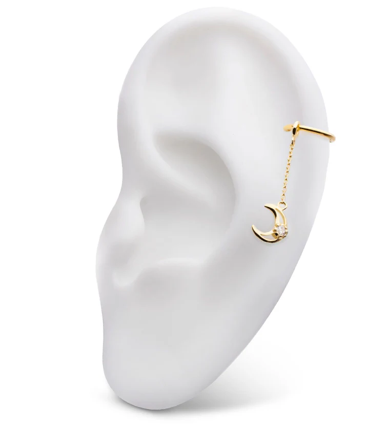 14kt Gold Trace Half Moon Clear CZ Dangle Chain Charm - Image 3