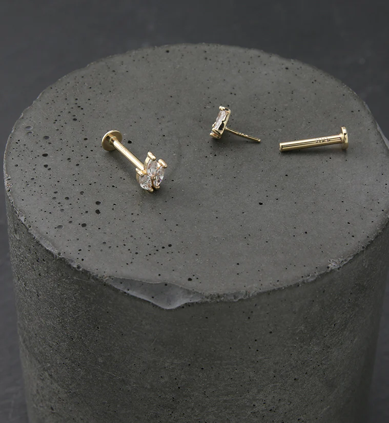 14kt Gold Tri Sepal CZ Threadless Labret - Image 2