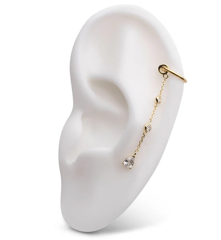 14kt Gold Triple Tier Teardrop CZ Dangle Chain Charm - Image 3