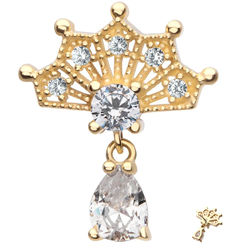 14kt Gold Vane Clear CZ Teardrop Dangle Threadless Top