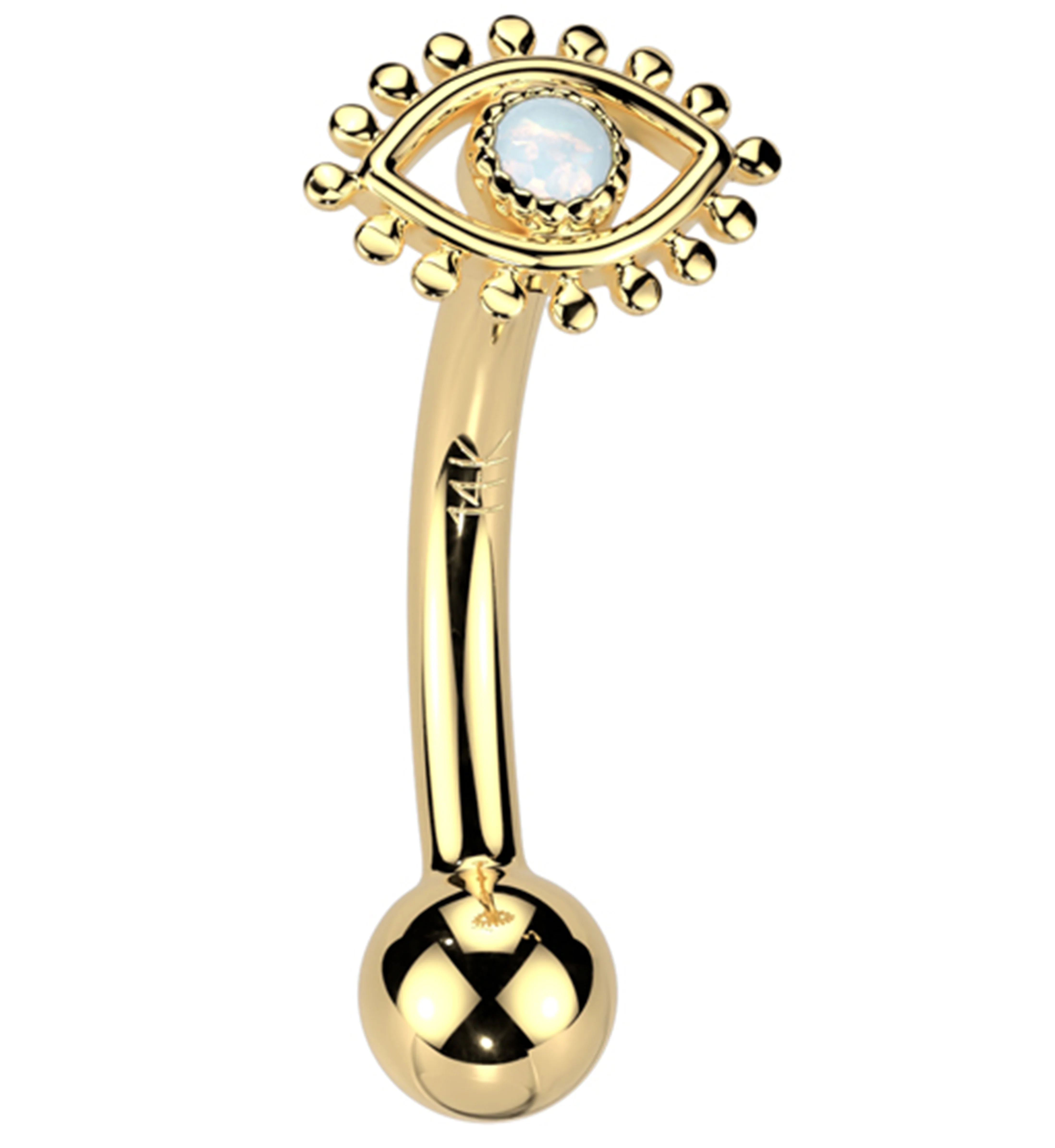 14kt Gold White Opalite Evil Eye Threadless Curved Barbell
