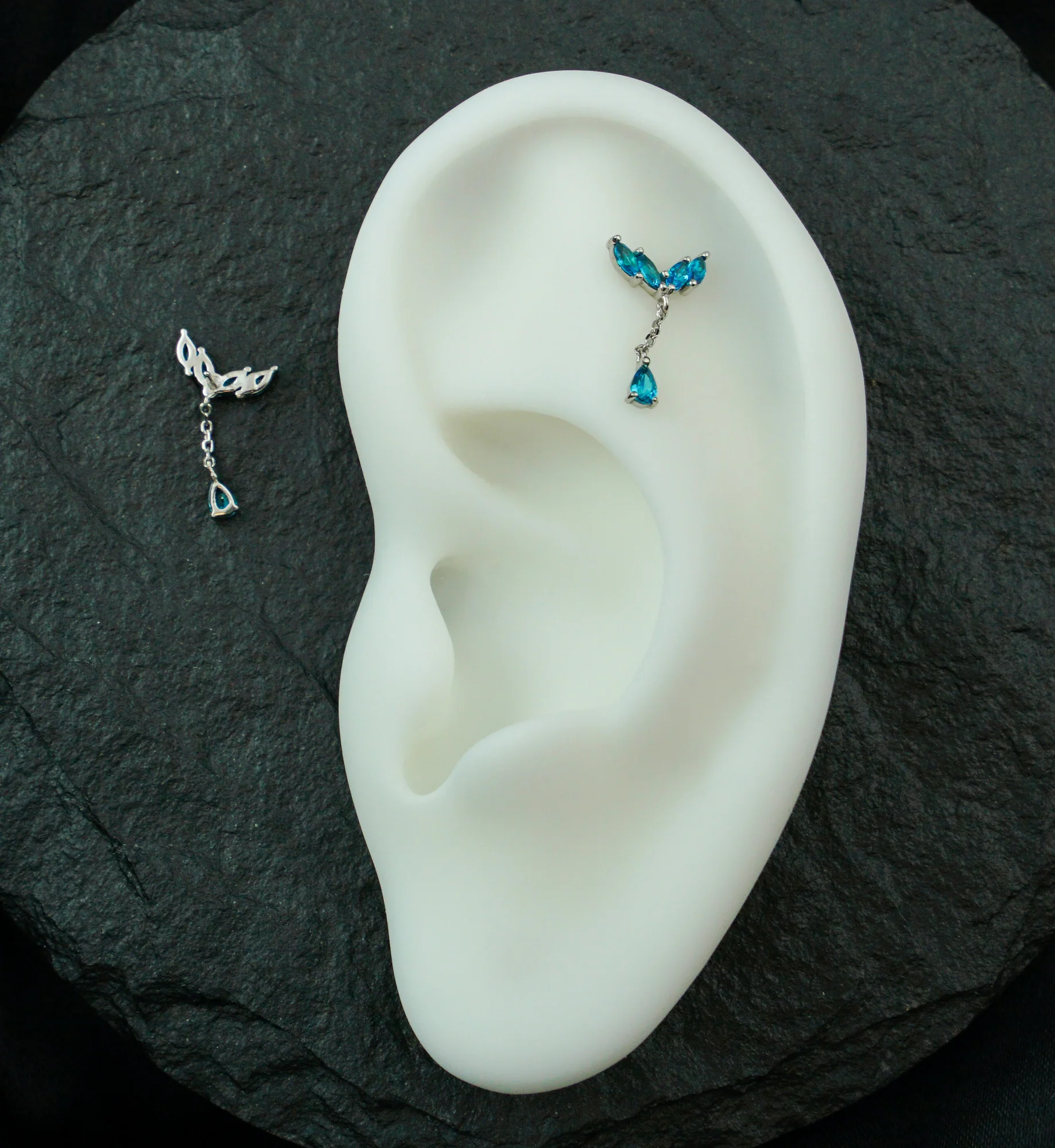 14kt White Gold Arrow Marquise Blue Topaz CZ Dangle Threadless Top - Image 2