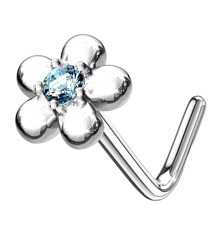 14kt White Gold Daisy Aqua CZ L Bend Nose Ring