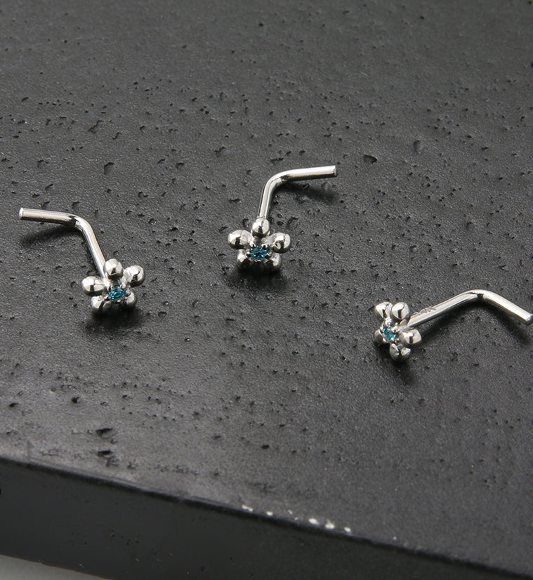 14kt White Gold Daisy Aqua CZ L Bend Nose Ring - Image 2