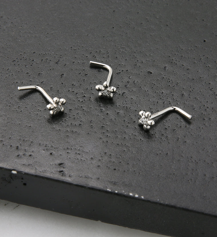 14kt White Gold Daisy Clear CZ L Bend Nose Ring - Image 2