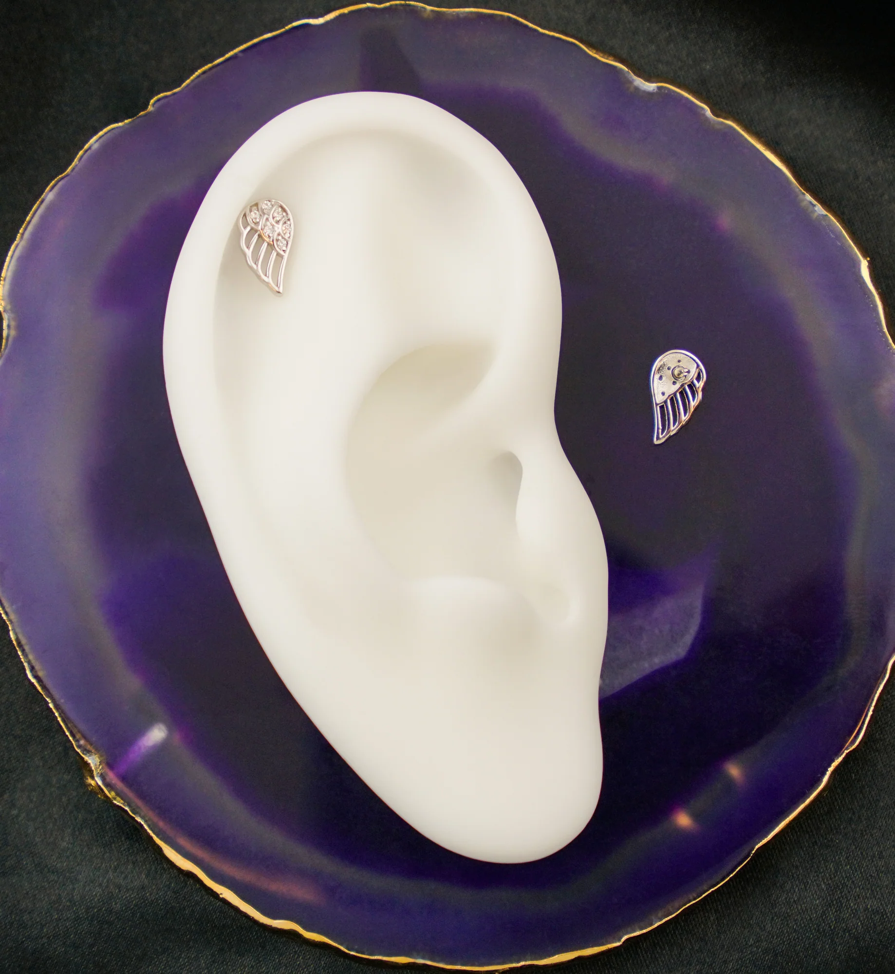 14kt White Gold Divine Wing Clear CZ Threadless Top (Right Ear) - Image 2