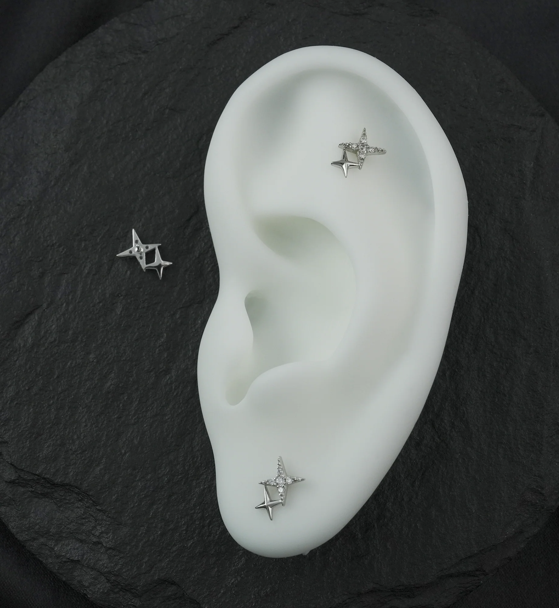 14kt White Gold Double Four Point Star Clear CZ Threadless Top - Image 2