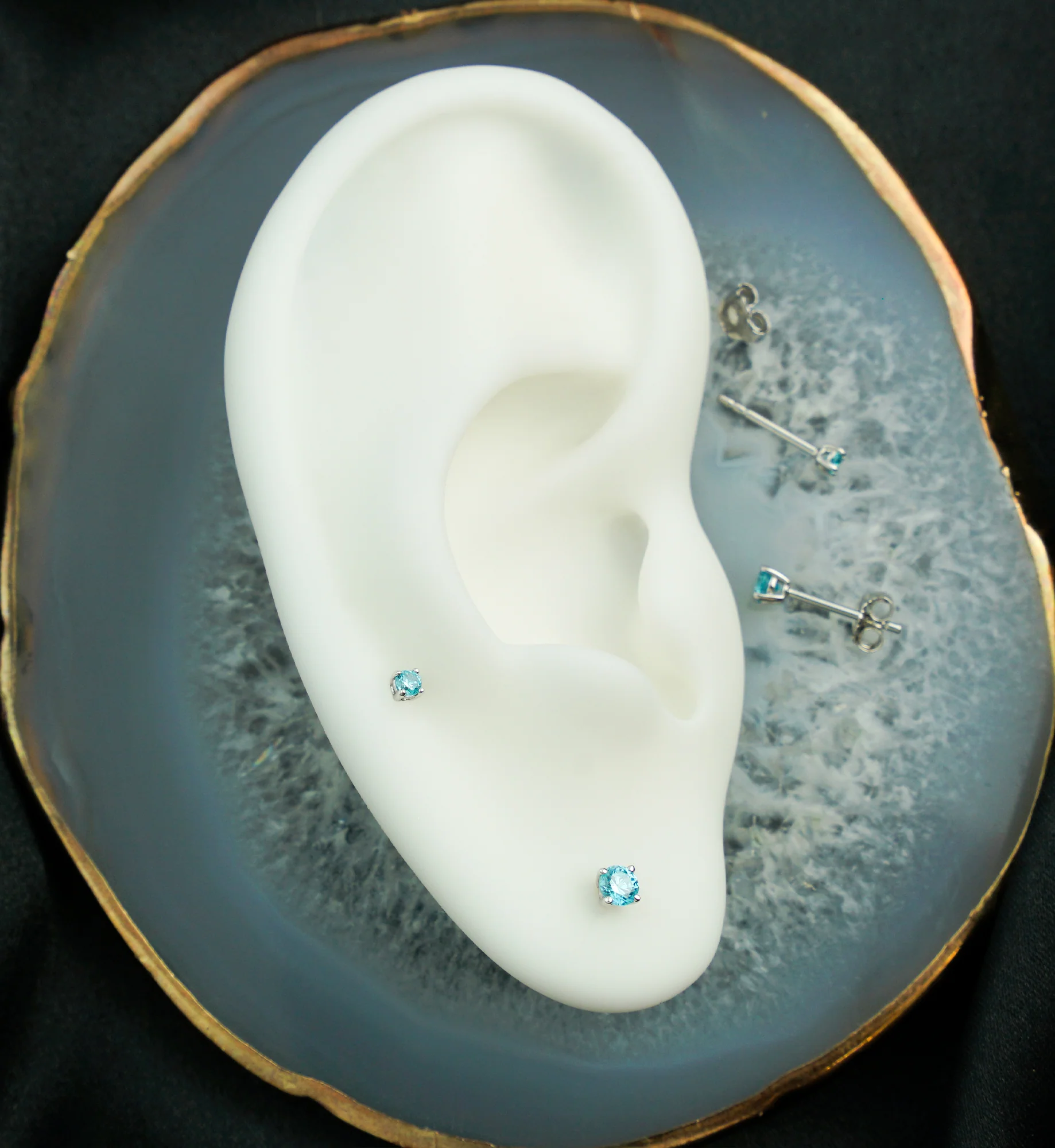 14kt White Gold March Birthstone Aquamarine CZ Stud Earrings - Image 2