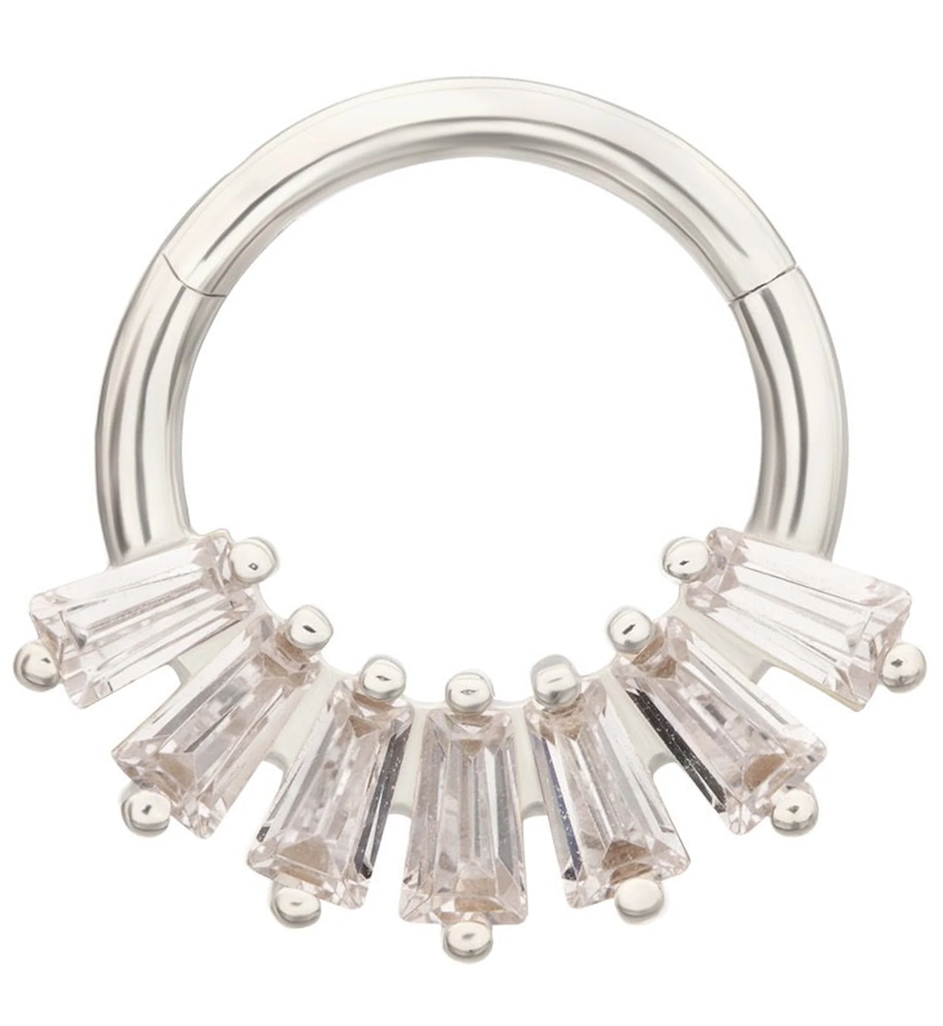 14kt White Gold Septenary Baguette Clear CZ Hinged Segment Ring