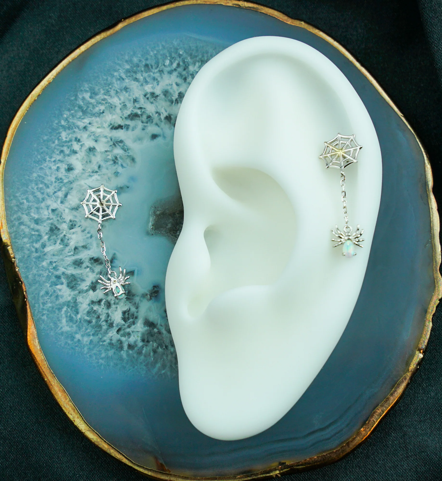 14kt White Gold Spiderweb Dangle Spider White Opalite Threadless Top - Image 2