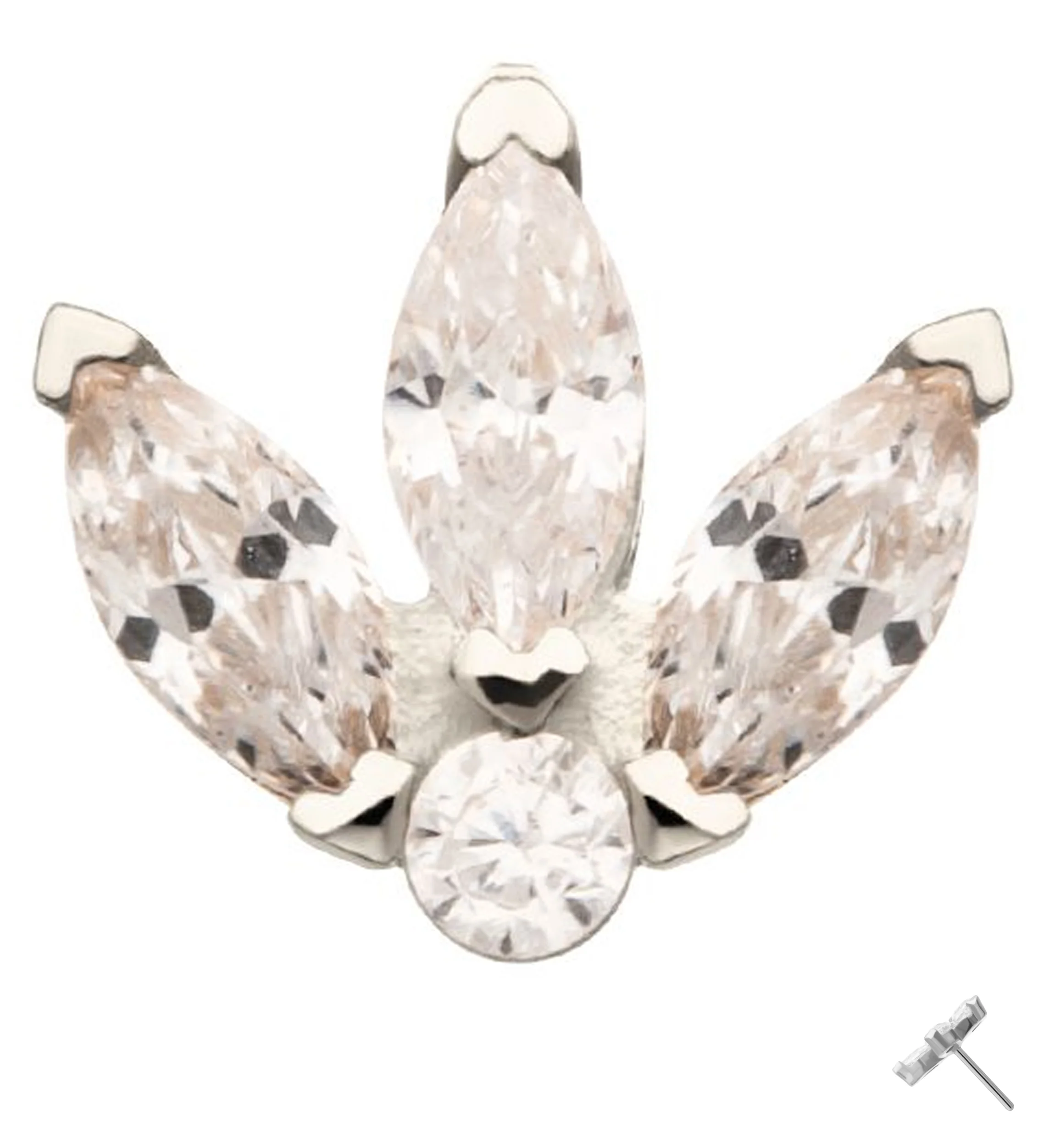 14kt White Gold Tri Sepal Clear CZ Threadless Top