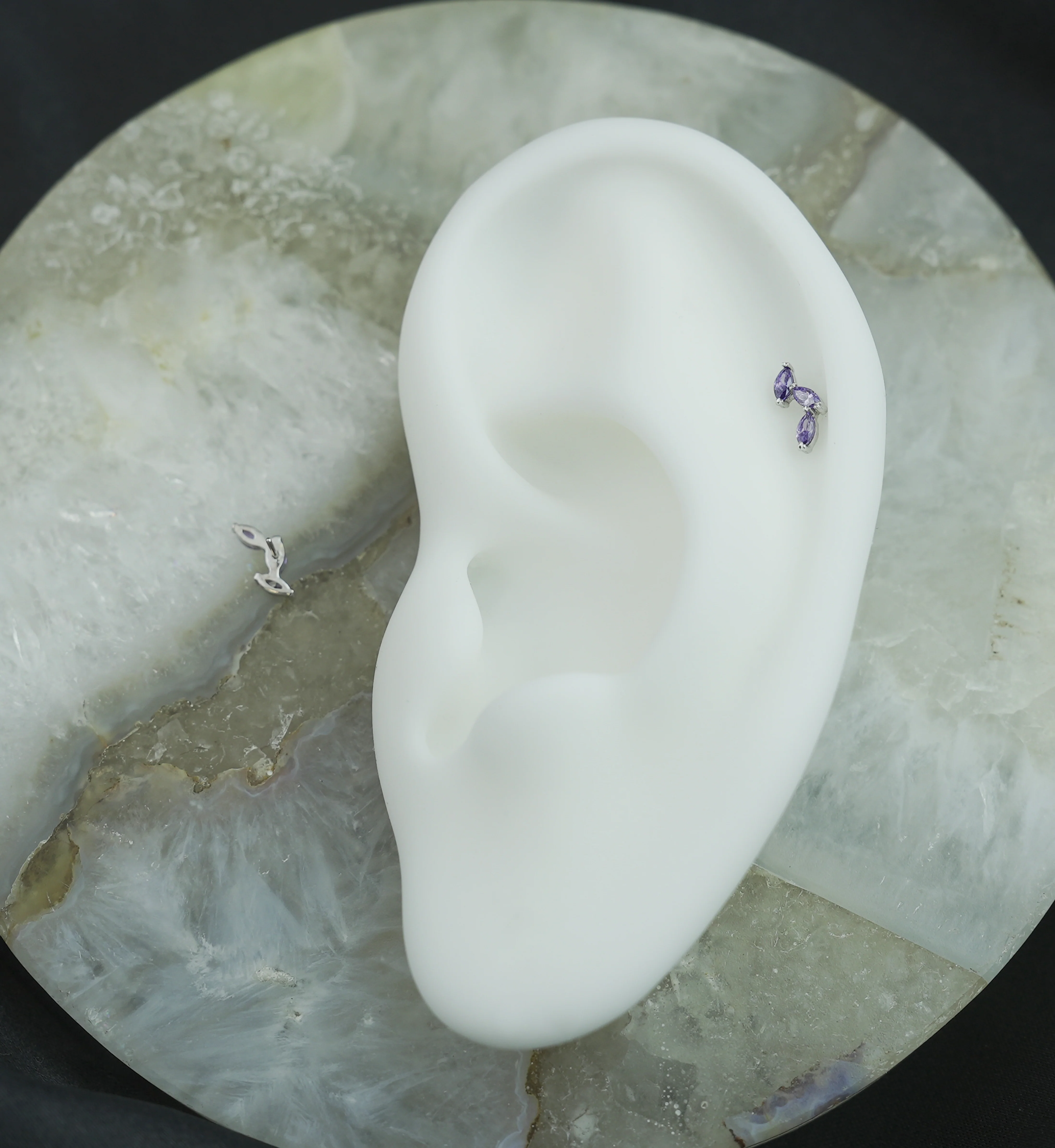 14kt White Gold Triple Marquise Vine Amethyst CZ Threadless Top - Image 2