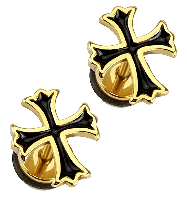 16G Black & Gold Cross Fake Plugs - Gauges