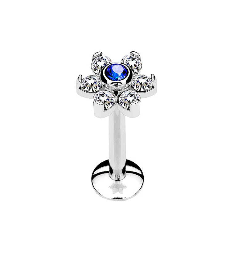 16G Blue & Clear Flower Internally Threaded Flat Back Post