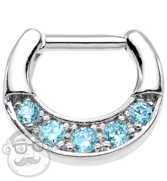 16G Circular Aqua Cubic Zirconia Stainless Steel Septum Clicker