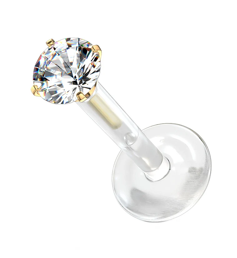 Gold PVD Prong Round CZ Bioflex Labret Post