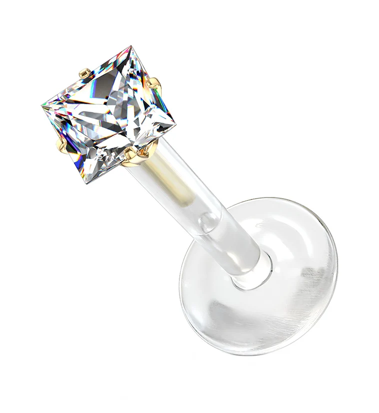 16G Gold Prong Square CZ Bioflex Labret Post