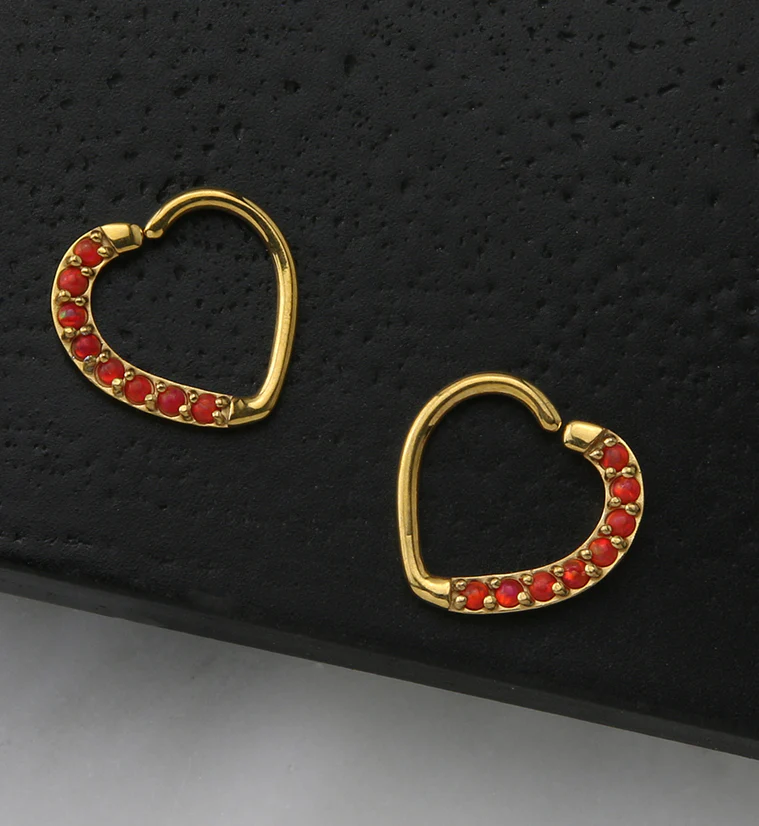 16G Gold PVD Red Opalite Annealed Heart Daith - Cartilage Ring - Image 2