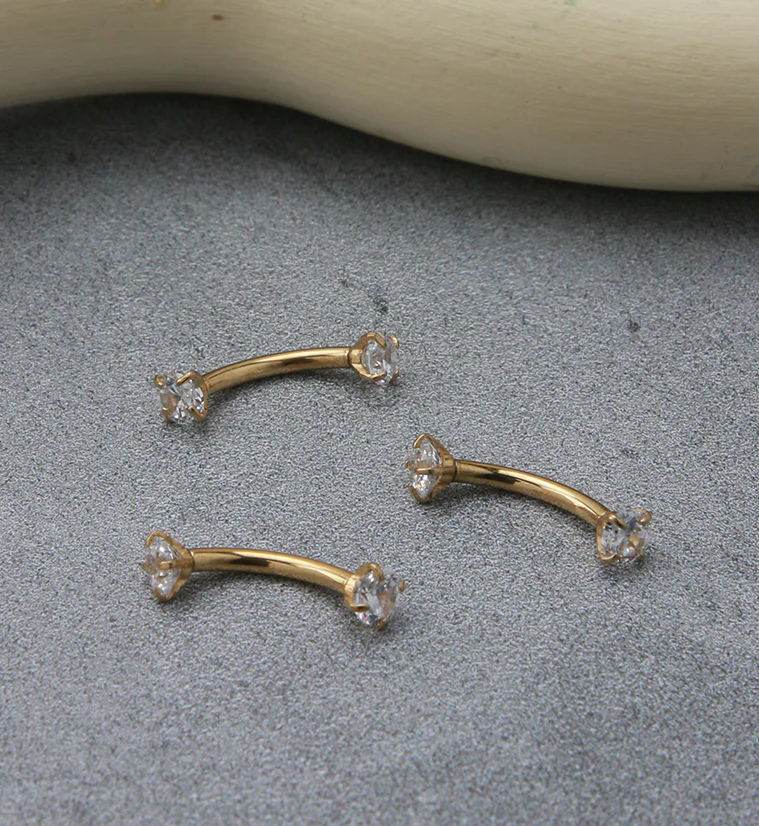 Gold PVD Titanium Double Prong CZ Curved Barbell - Image 3