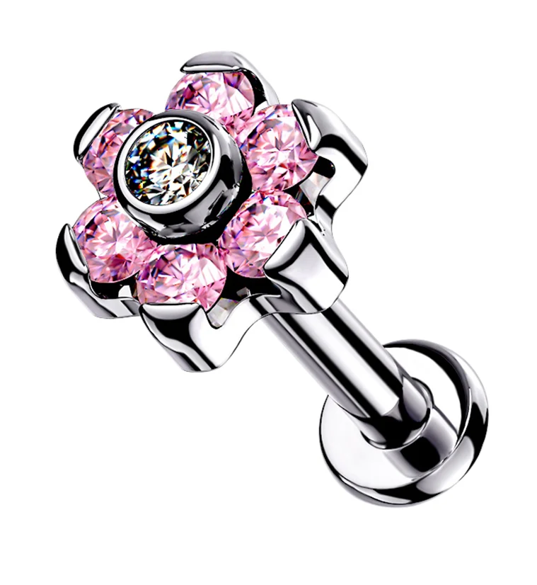 16G Pink CZ Flower Top Titanium Labret