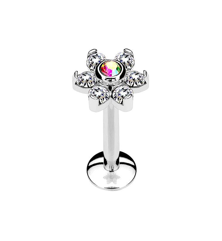 16G Rainbow & Clear Flower Internally Threaded Flat Back Post