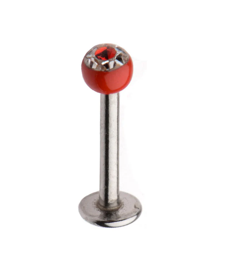 16G Stainless Steel Lip - Labret Stud with CZ Red Ceramic Ball