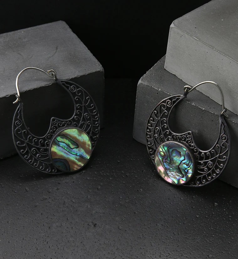 18G Abalone Ornament Black Brass Earrings - Image 3