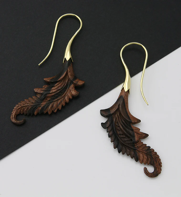18G Feather Brass Wood Hangers / Earrings - Image 2