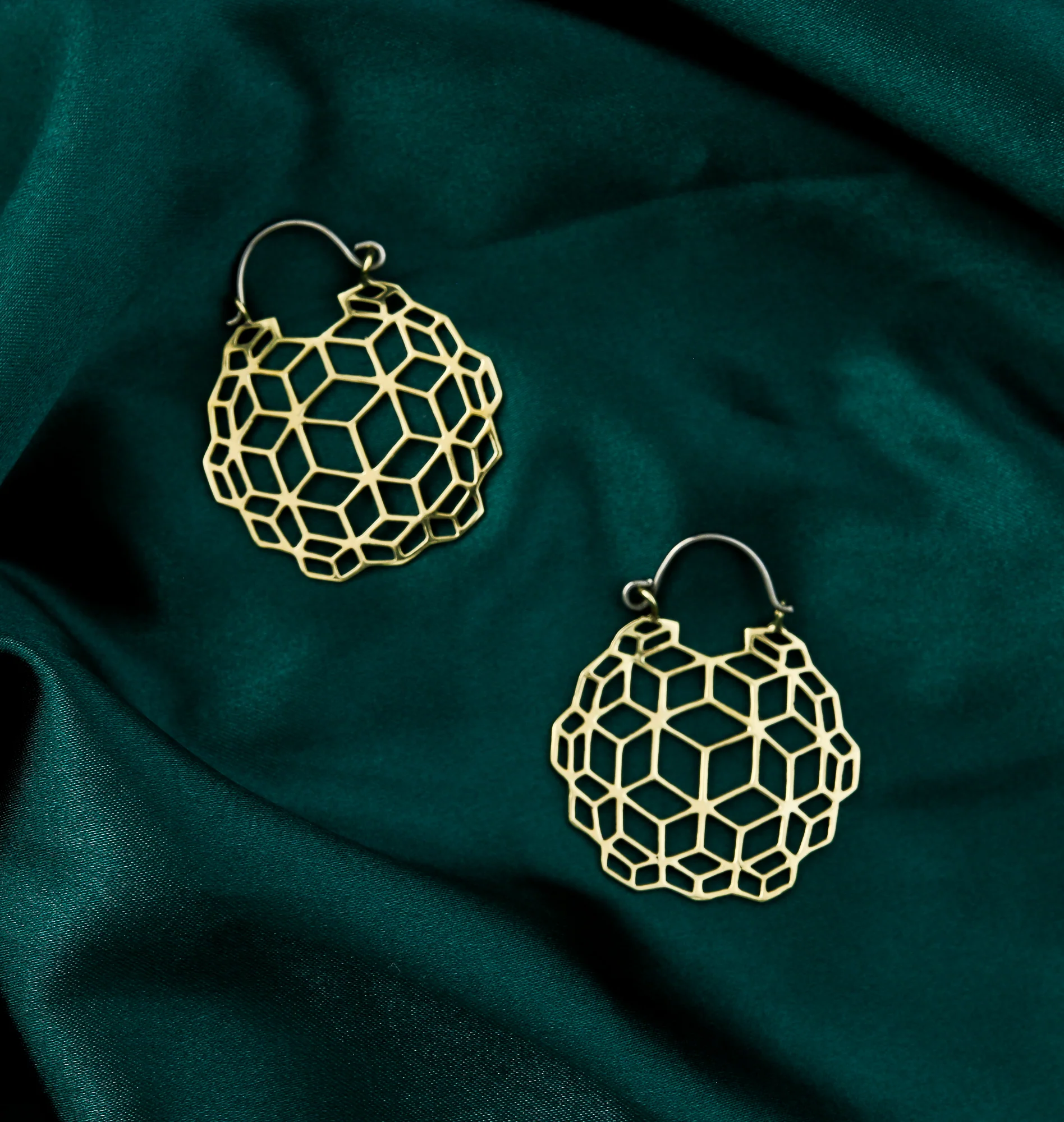 Geometric Cube Brass Hangers - Earrings - Image 2