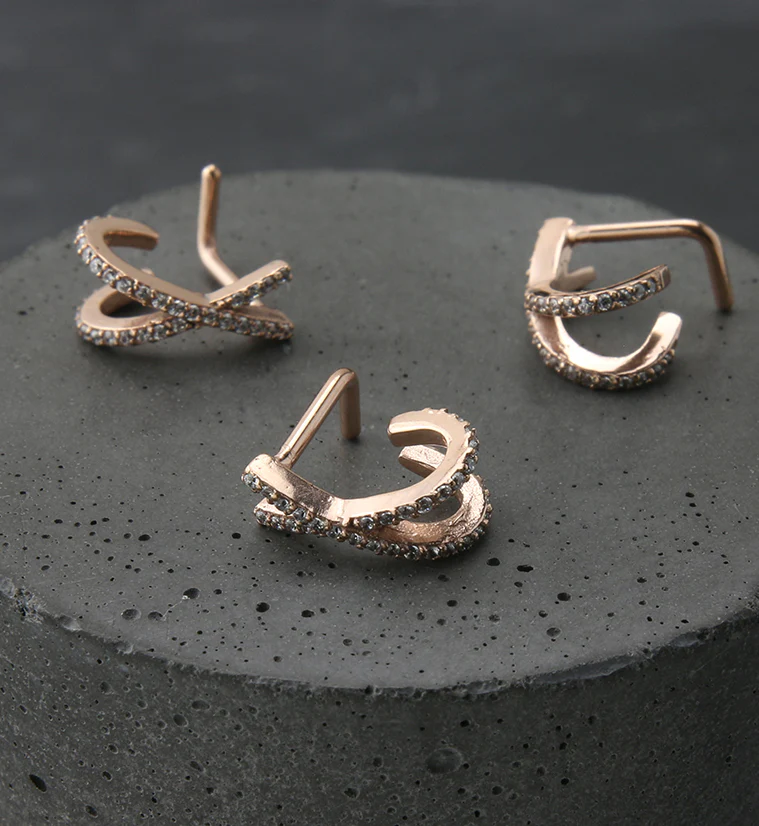 18G Rose Gold PVD Intersect Double Line CZ Nose Curve - Image 2