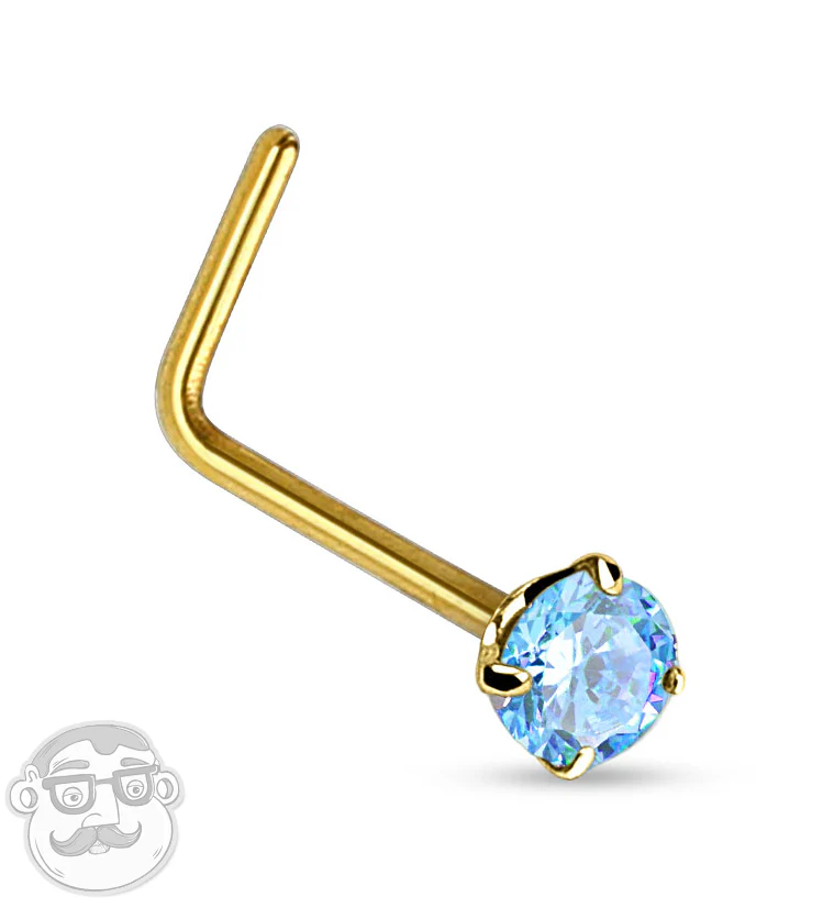 20G 14kt Gold L Bend Aqua CZ Top Nose Ring