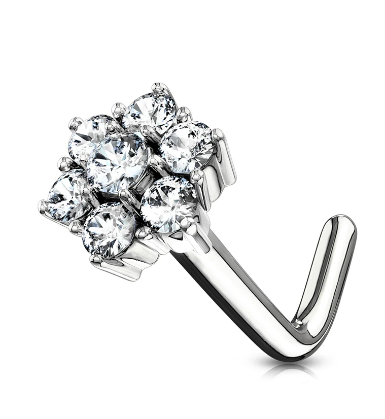 20G 14kt White Gold CZ Flower Pack L Bend Nose Ring