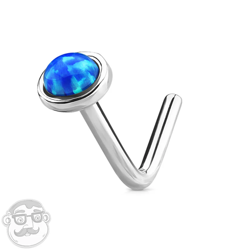 20G 14kt White Gold L Bend Blue Opal Top Nose Ring