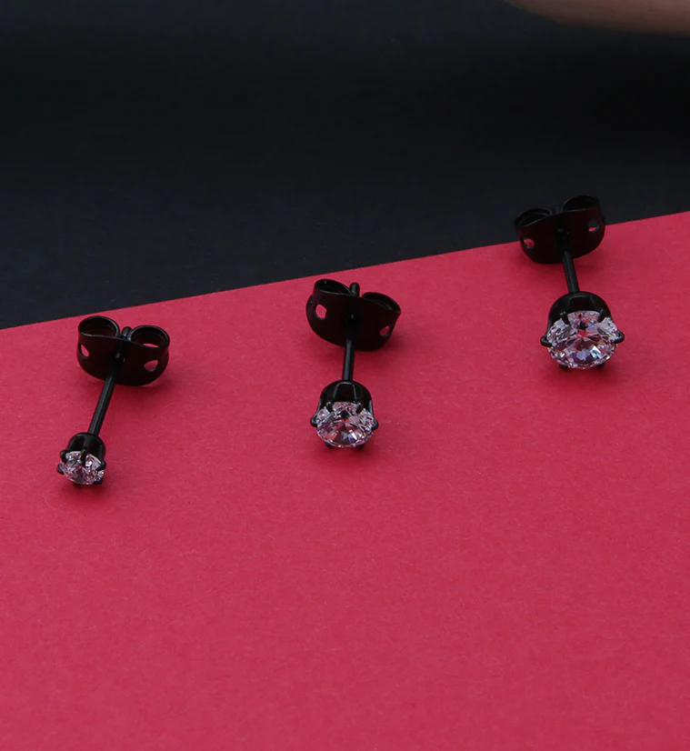 20G Black PVD CZ Prong Titanium Earrings - Image 2