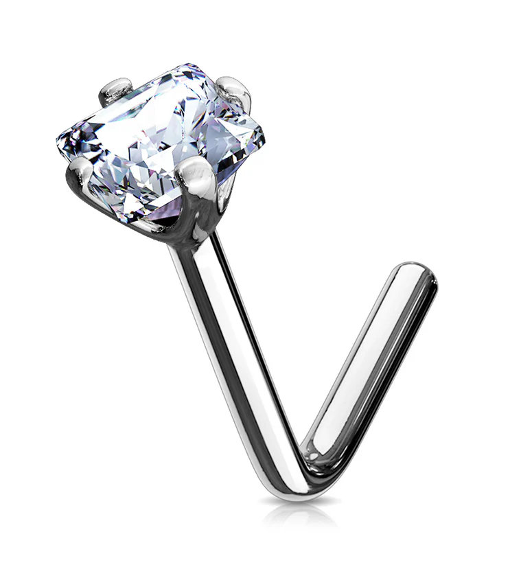 20G Clear Square CZ 14kt White Gold L Bend Nose Ring