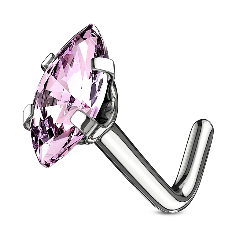 20G Pink Oval CZ Stainless Steel L Bend Nose Ring