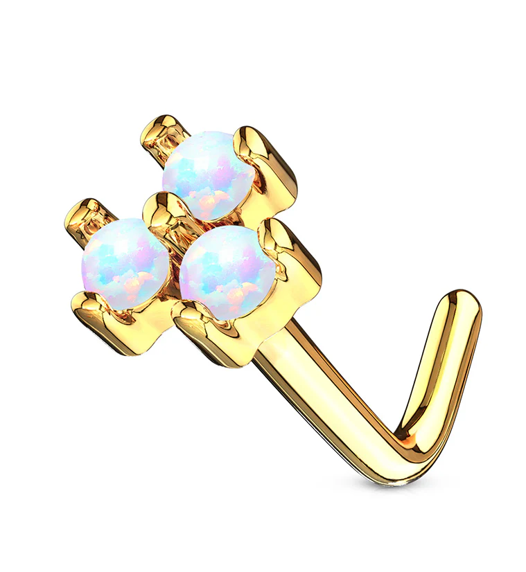 20G White Trinity Opal 14kt Gold L Bend Nose Ring