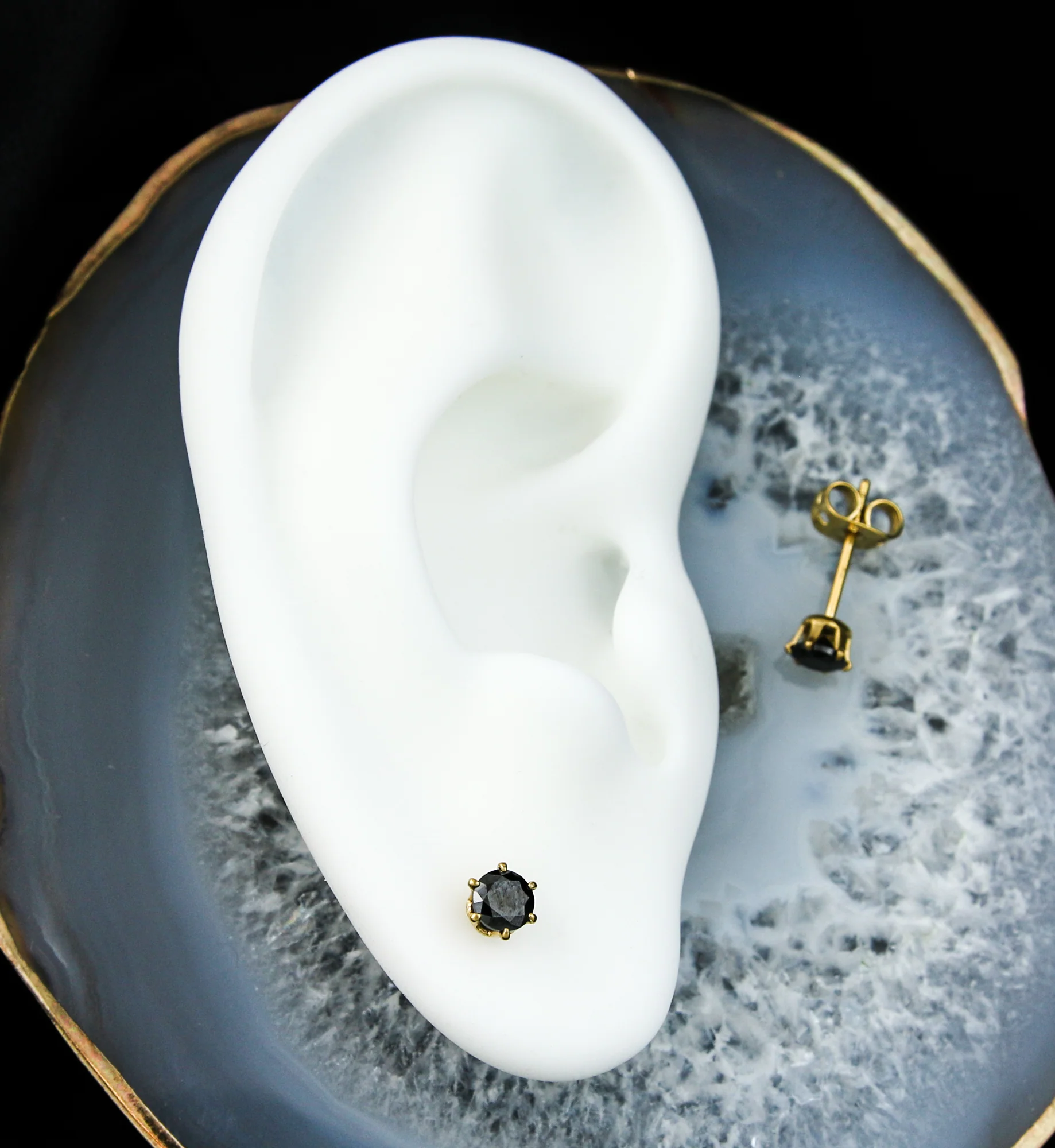 24kt Gold PVD Black CZ Prong Titanium Earrings - Image 2