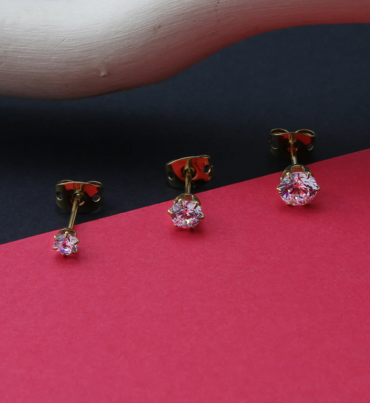 24kt Gold PVD CZ Prong Titanium Earrings - Image 2