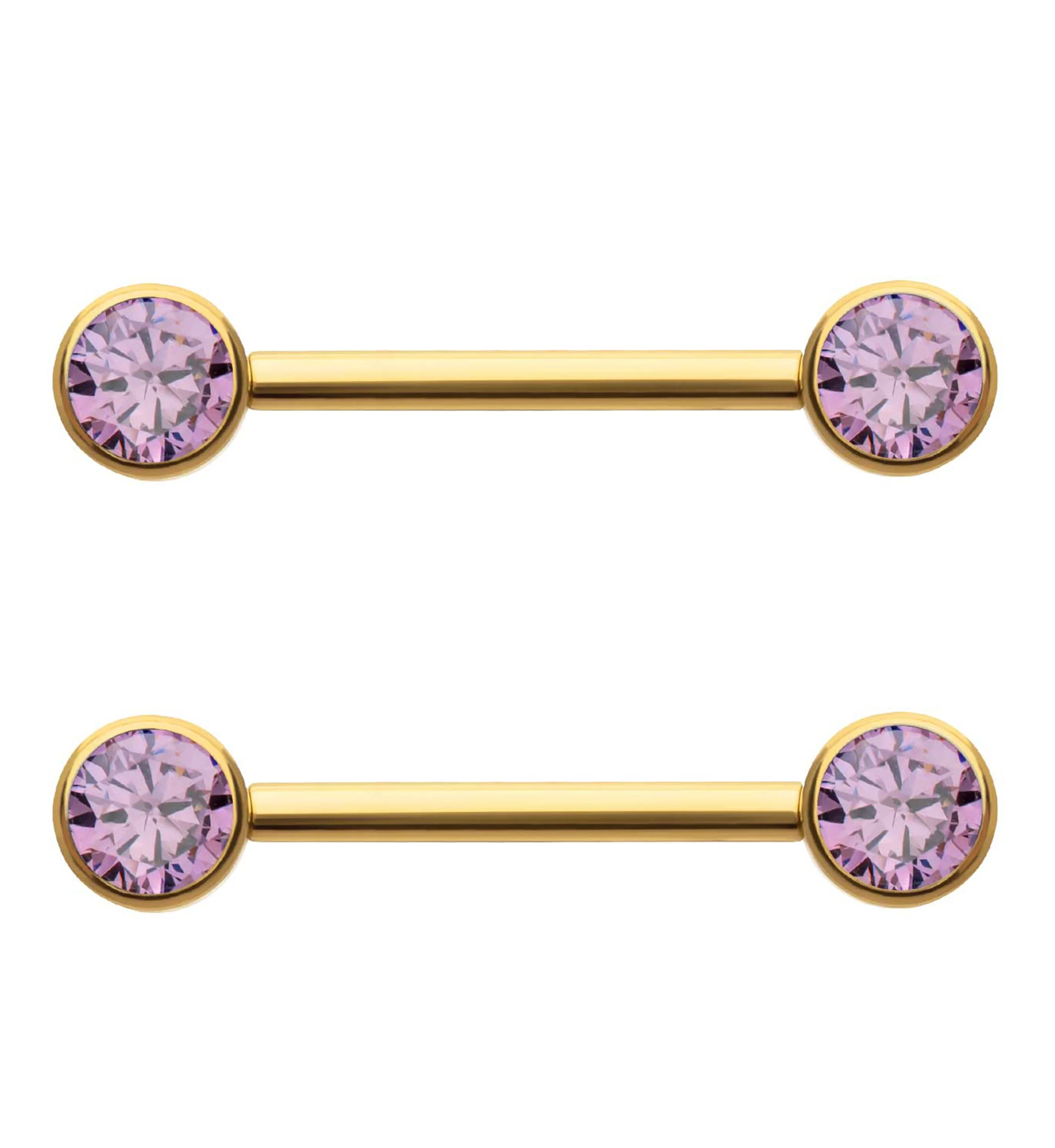 24kt Gold PVD Bezel Set Amethyst CZ Titanium Internally Threaded Nipple Barbells