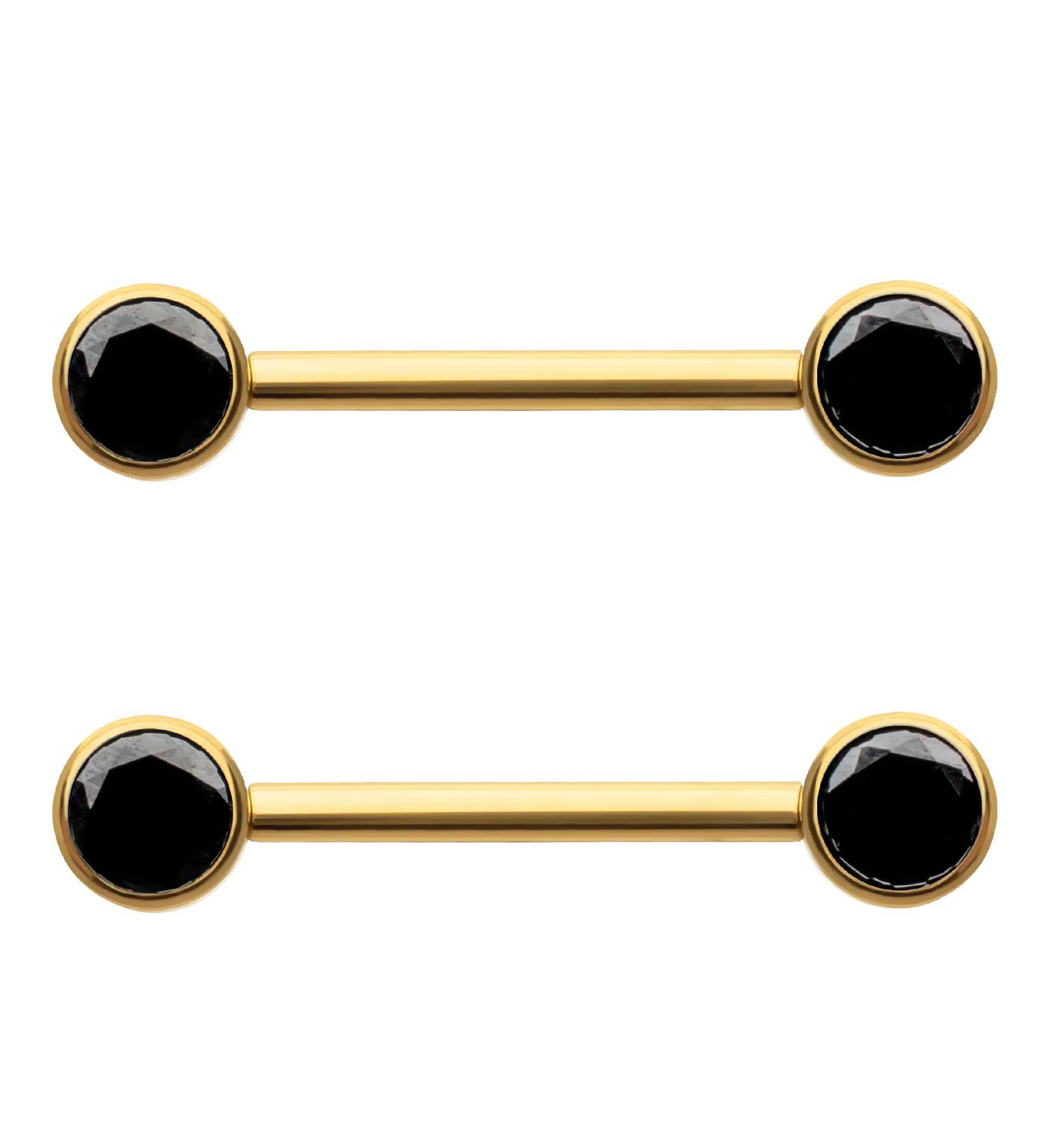 24kt Gold PVD Bezel Set Black CZ Titanium Internally Threaded Nipple Barbells