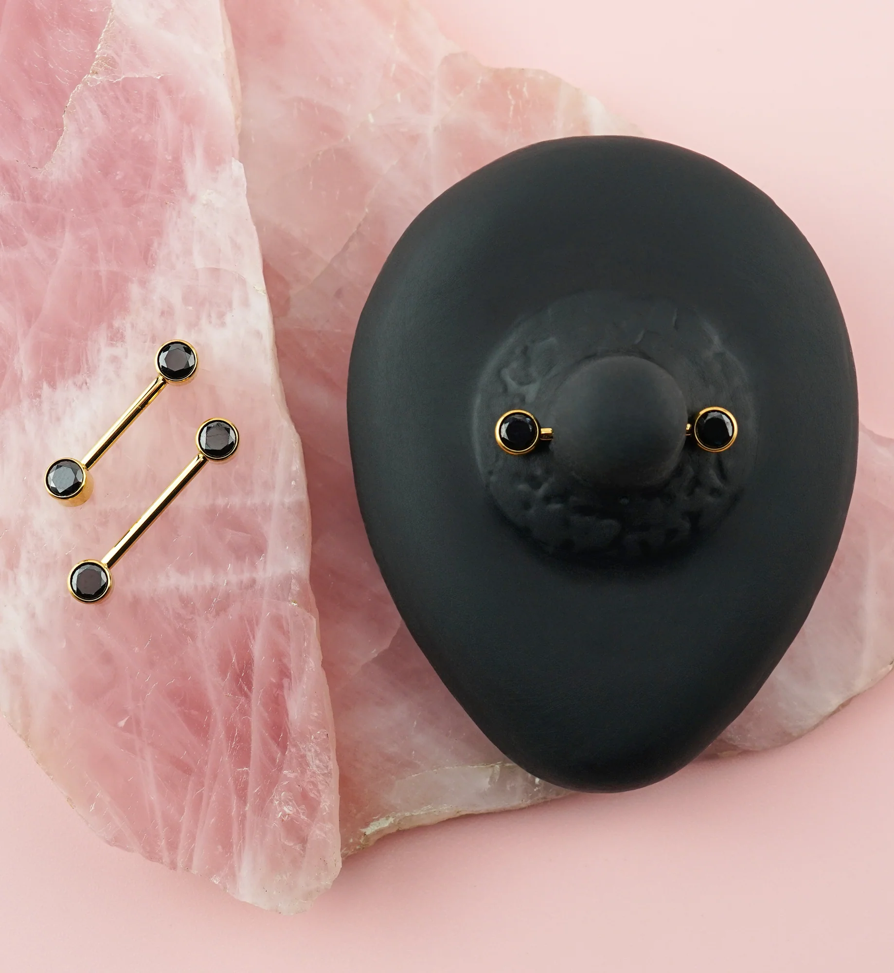 24kt Gold PVD Bezel Set Black CZ Titanium Internally Threaded Nipple Barbells - Image 2