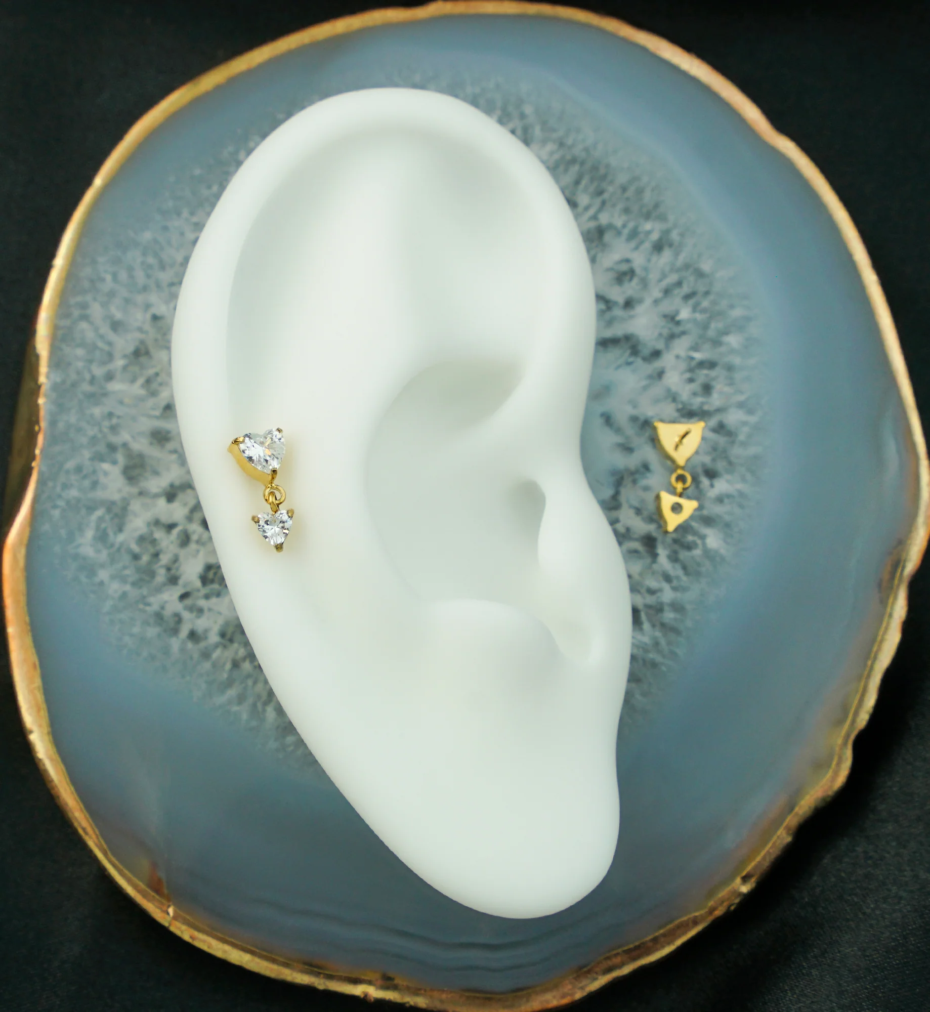 24kt Gold PVD Double Heart Clear CZ Dangle Titanium Threadless Top - Image 2