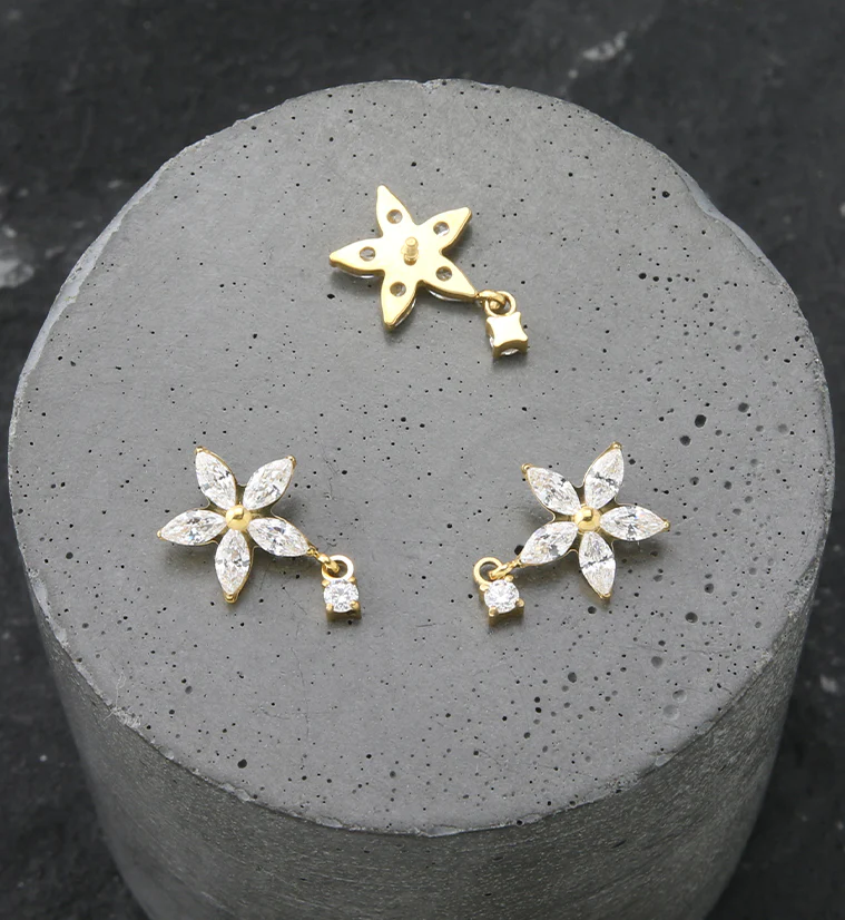 24kt Gold PVD Flower Dangle CZ Internally Threaded Titanium Top - Image 2