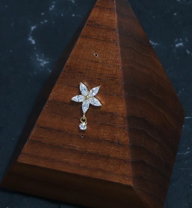 24kt Gold PVD Flower Dangle CZ Threadless Titanium Top - Image 2