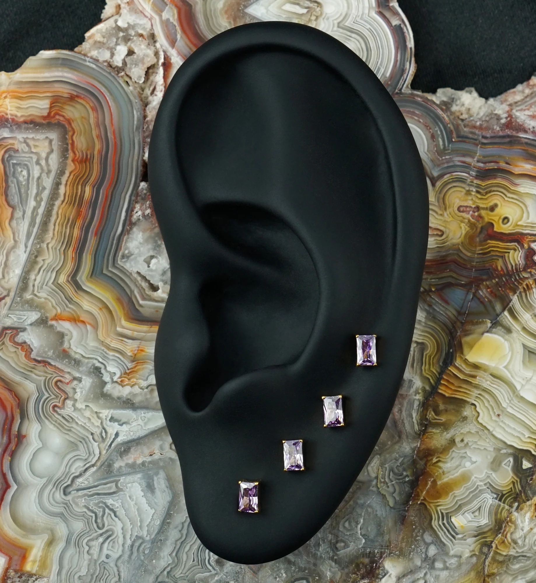 24kt Gold PVD Mini Rectangle Amethyst CZ Titanium Threadless Top - Image 2