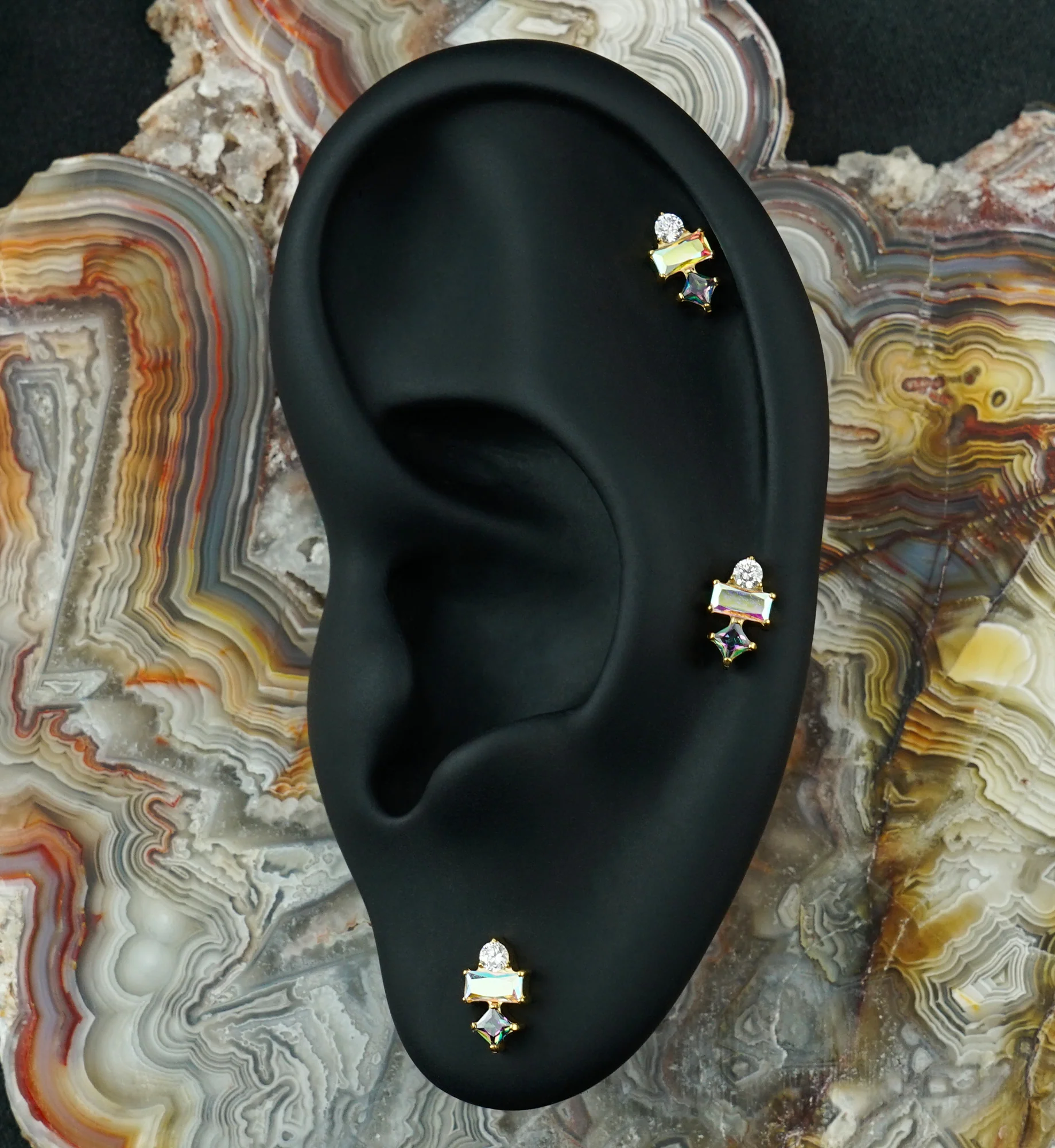 24kt Gold PVD Nocked Rainbow Aurora CZ Titanium Threadless Top - Image 2