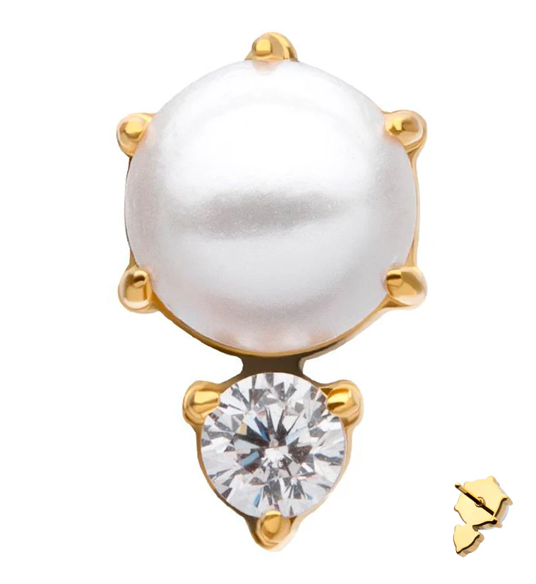 24kt Gold PVD Pearl Shell Drop Clear CZ Titanium Threadless Top
